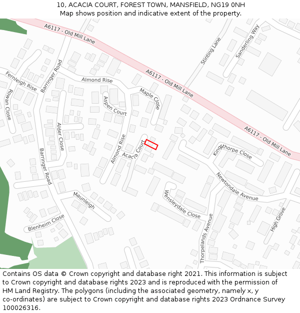 10, ACACIA COURT, FOREST TOWN, MANSFIELD, NG19 0NH: Location map and indicative extent of plot