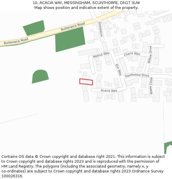 10, ACACIA WAY, MESSINGHAM, SCUNTHORPE, DN17 3UW: Location map and indicative extent of plot