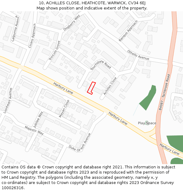 10, ACHILLES CLOSE, HEATHCOTE, WARWICK, CV34 6EJ: Location map and indicative extent of plot