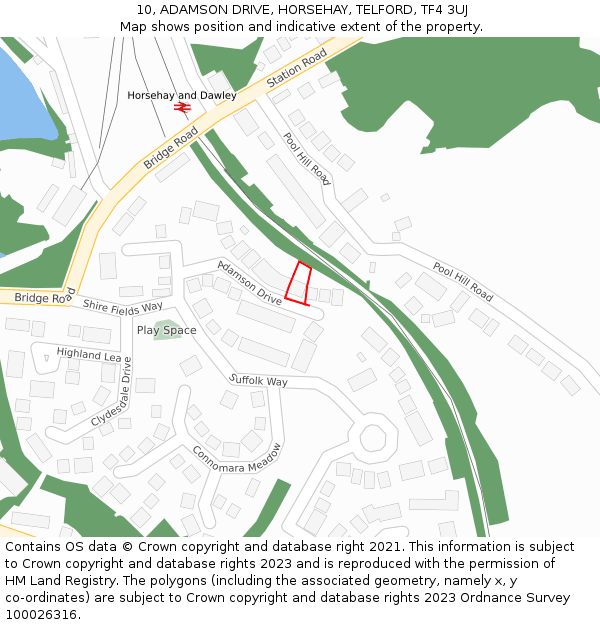 10, ADAMSON DRIVE, HORSEHAY, TELFORD, TF4 3UJ: Location map and indicative extent of plot