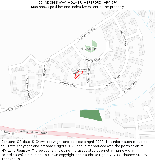 10, ADONIS WAY, HOLMER, HEREFORD, HR4 9FA: Location map and indicative extent of plot