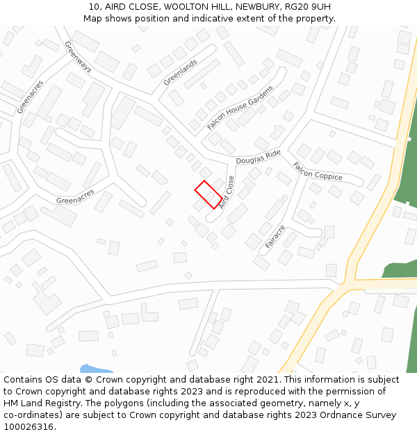 10, AIRD CLOSE, WOOLTON HILL, NEWBURY, RG20 9UH: Location map and indicative extent of plot