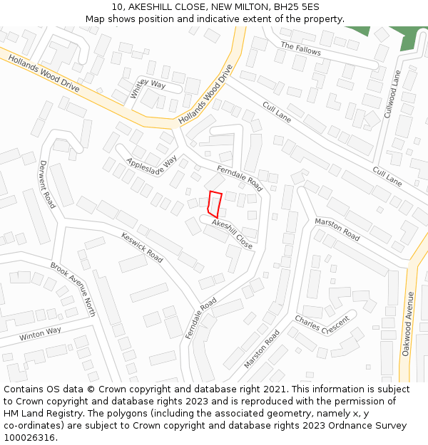 10, AKESHILL CLOSE, NEW MILTON, BH25 5ES: Location map and indicative extent of plot