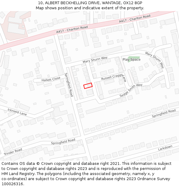 10, ALBERT BECKHELLING DRIVE, WANTAGE, OX12 8GP: Location map and indicative extent of plot