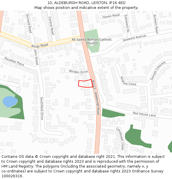 10, ALDEBURGH ROAD, LEISTON, IP16 4ED: Location map and indicative extent of plot