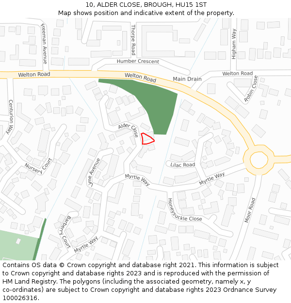 10, ALDER CLOSE, BROUGH, HU15 1ST: Location map and indicative extent of plot