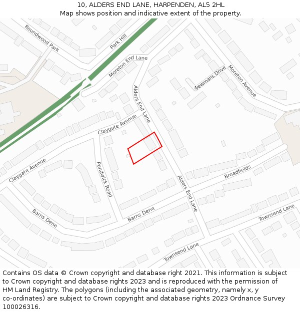 10, ALDERS END LANE, HARPENDEN, AL5 2HL: Location map and indicative extent of plot