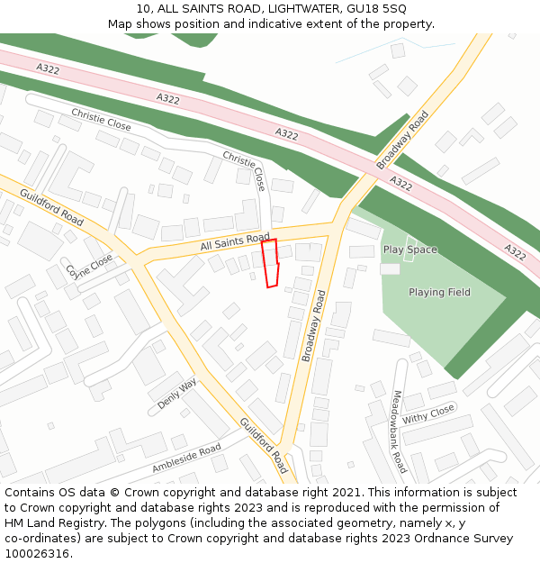 10, ALL SAINTS ROAD, LIGHTWATER, GU18 5SQ: Location map and indicative extent of plot