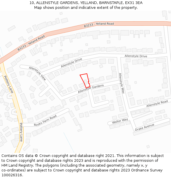 10, ALLENSTYLE GARDENS, YELLAND, BARNSTAPLE, EX31 3EA: Location map and indicative extent of plot