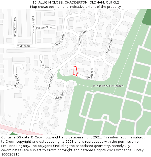 10, ALLIGIN CLOSE, CHADDERTON, OLDHAM, OL9 0LZ: Location map and indicative extent of plot