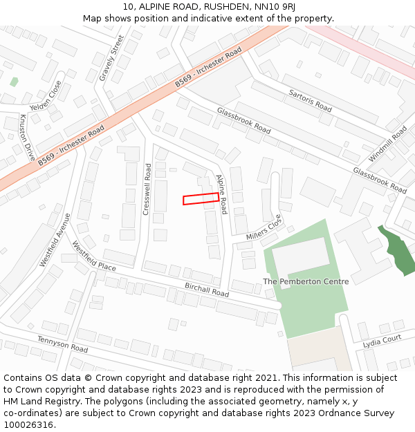 10, ALPINE ROAD, RUSHDEN, NN10 9RJ: Location map and indicative extent of plot