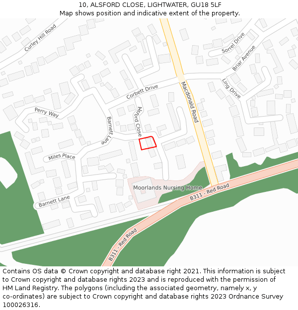 10, ALSFORD CLOSE, LIGHTWATER, GU18 5LF: Location map and indicative extent of plot