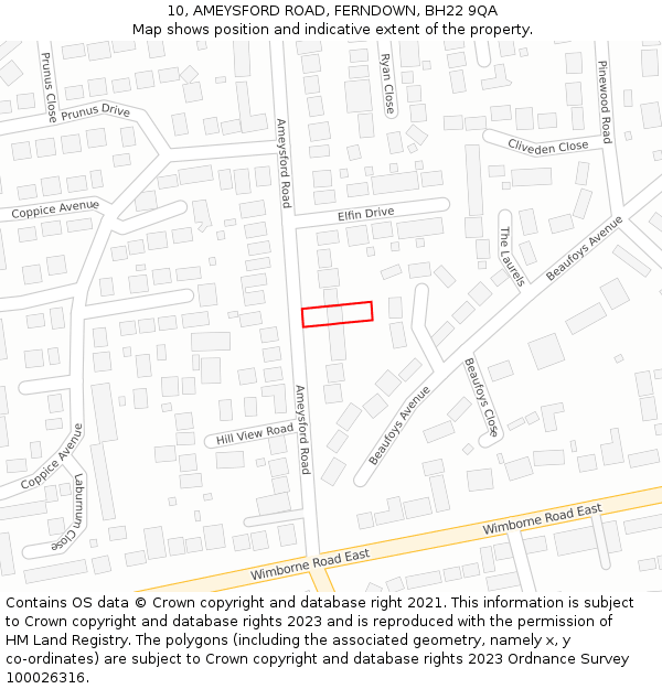 10, AMEYSFORD ROAD, FERNDOWN, BH22 9QA: Location map and indicative extent of plot