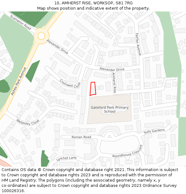 10, AMHERST RISE, WORKSOP, S81 7RG: Location map and indicative extent of plot