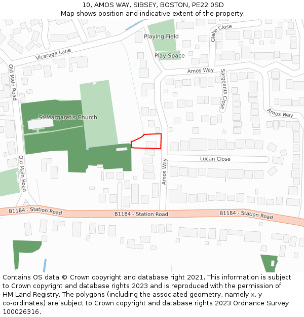 10, AMOS WAY, SIBSEY, BOSTON, PE22 0SD: Location map and indicative extent of plot