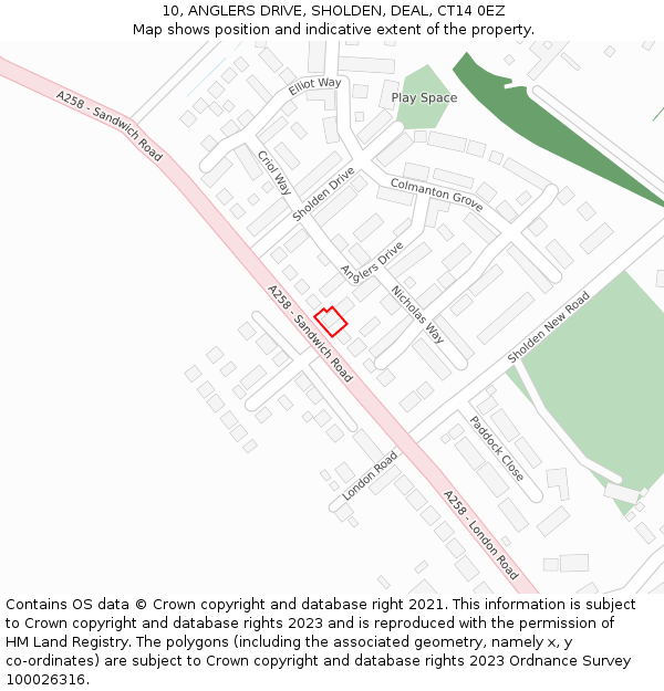 10, ANGLERS DRIVE, SHOLDEN, DEAL, CT14 0EZ: Location map and indicative extent of plot