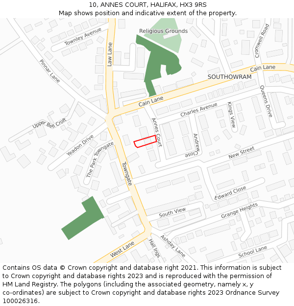 10, ANNES COURT, HALIFAX, HX3 9RS: Location map and indicative extent of plot