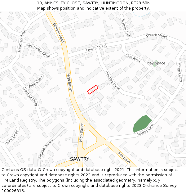 10, ANNESLEY CLOSE, SAWTRY, HUNTINGDON, PE28 5RN: Location map and indicative extent of plot