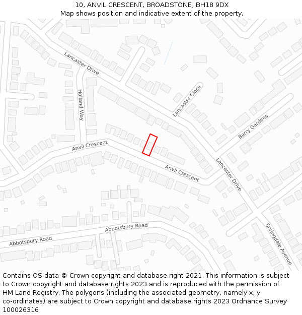 10, ANVIL CRESCENT, BROADSTONE, BH18 9DX: Location map and indicative extent of plot