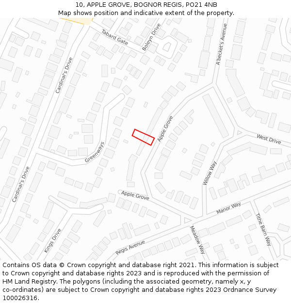 10, APPLE GROVE, BOGNOR REGIS, PO21 4NB: Location map and indicative extent of plot