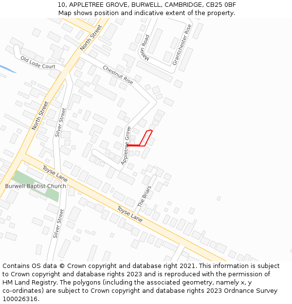 10, APPLETREE GROVE, BURWELL, CAMBRIDGE, CB25 0BF: Location map and indicative extent of plot