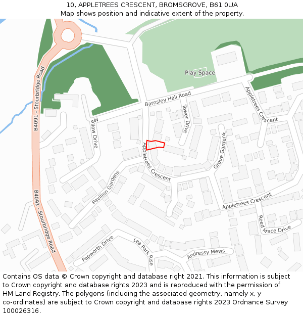 10, APPLETREES CRESCENT, BROMSGROVE, B61 0UA: Location map and indicative extent of plot