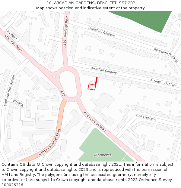 10, ARCADIAN GARDENS, BENFLEET, SS7 2RP: Location map and indicative extent of plot