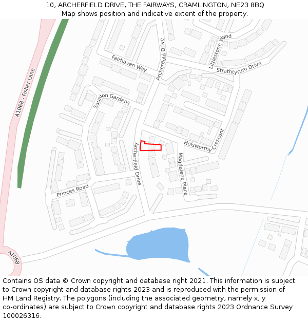 10, ARCHERFIELD DRIVE, THE FAIRWAYS, CRAMLINGTON, NE23 8BQ: Location map and indicative extent of plot