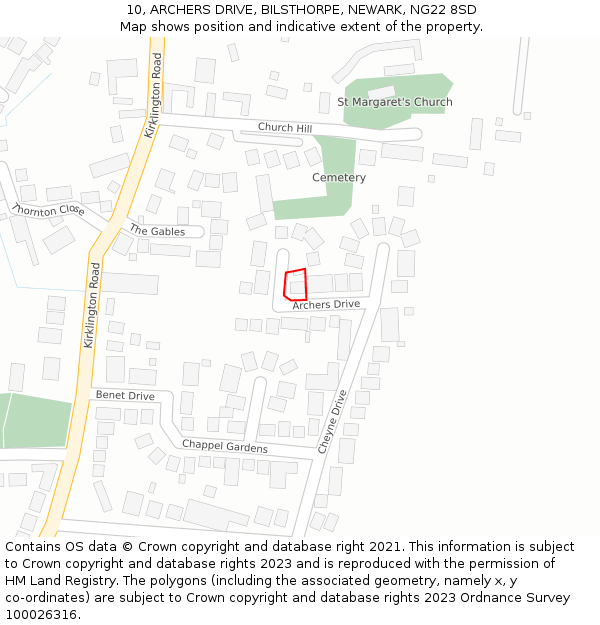 10, ARCHERS DRIVE, BILSTHORPE, NEWARK, NG22 8SD: Location map and indicative extent of plot