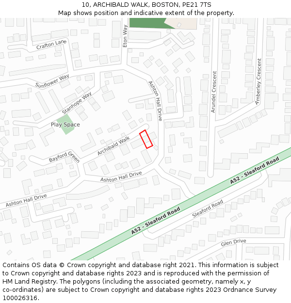 10, ARCHIBALD WALK, BOSTON, PE21 7TS: Location map and indicative extent of plot