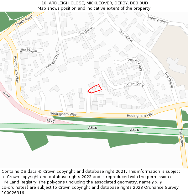 10, ARDLEIGH CLOSE, MICKLEOVER, DERBY, DE3 0UB: Location map and indicative extent of plot