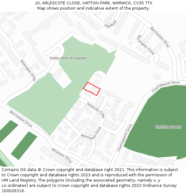 10, ARLESCOTE CLOSE, HATTON PARK, WARWICK, CV35 7TX: Location map and indicative extent of plot