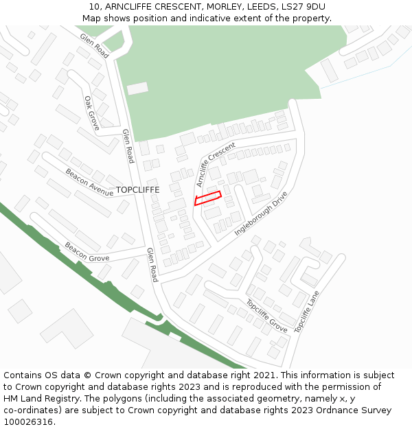 10, ARNCLIFFE CRESCENT, MORLEY, LEEDS, LS27 9DU: Location map and indicative extent of plot