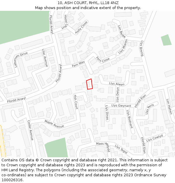 10, ASH COURT, RHYL, LL18 4NZ: Location map and indicative extent of plot