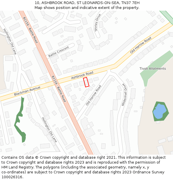 10, ASHBROOK ROAD, ST LEONARDS-ON-SEA, TN37 7EH: Location map and indicative extent of plot