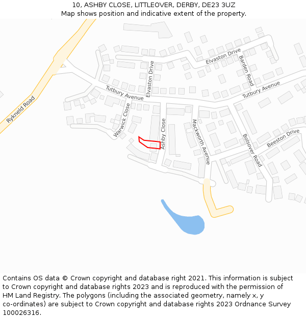 10, ASHBY CLOSE, LITTLEOVER, DERBY, DE23 3UZ: Location map and indicative extent of plot