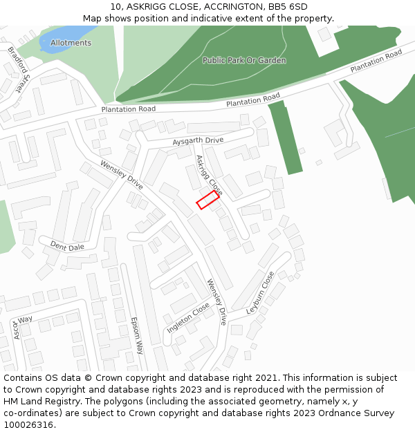 10, ASKRIGG CLOSE, ACCRINGTON, BB5 6SD: Location map and indicative extent of plot