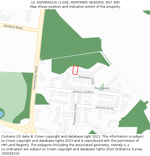10, ASPARAGUS CLOSE, MORTIMER, READING, RG7 3WY: Location map and indicative extent of plot