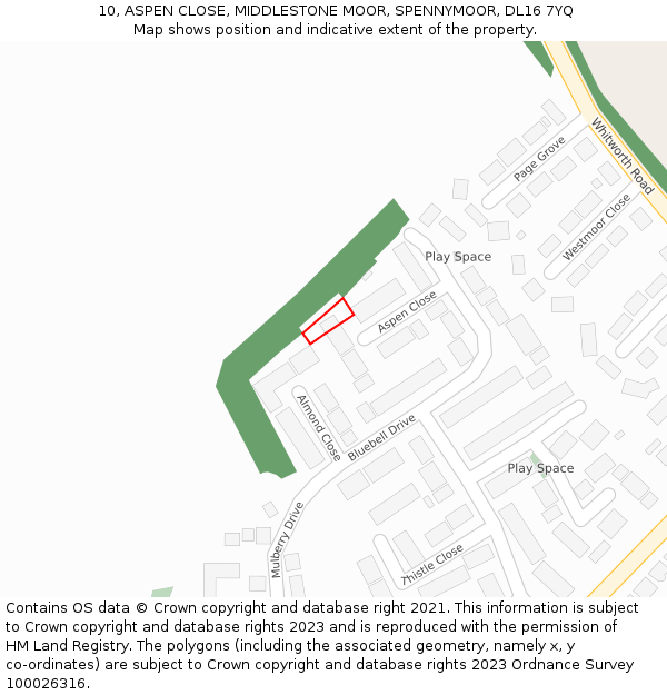 10, ASPEN CLOSE, MIDDLESTONE MOOR, SPENNYMOOR, DL16 7YQ: Location map and indicative extent of plot