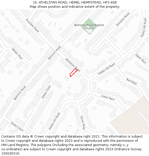 10, ATHELSTAN ROAD, HEMEL HEMPSTEAD, HP3 9QE: Location map and indicative extent of plot