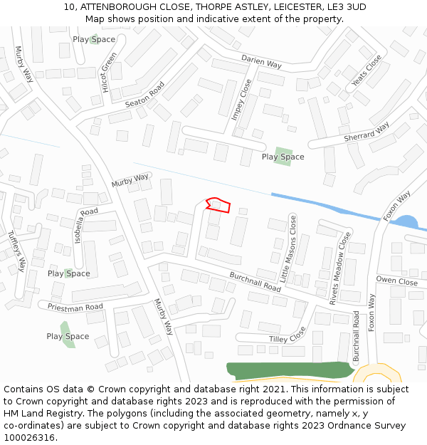 10, ATTENBOROUGH CLOSE, THORPE ASTLEY, LEICESTER, LE3 3UD: Location map and indicative extent of plot