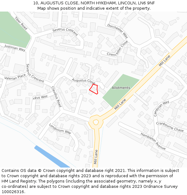 10, AUGUSTUS CLOSE, NORTH HYKEHAM, LINCOLN, LN6 9NF: Location map and indicative extent of plot