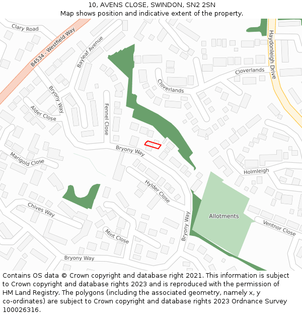 10, AVENS CLOSE, SWINDON, SN2 2SN: Location map and indicative extent of plot