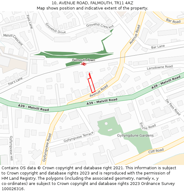 10, AVENUE ROAD, FALMOUTH, TR11 4AZ: Location map and indicative extent of plot