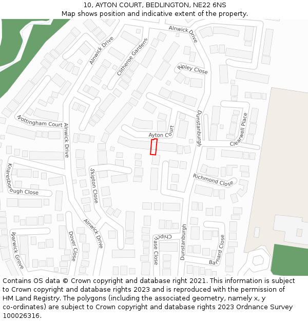 10, AYTON COURT, BEDLINGTON, NE22 6NS: Location map and indicative extent of plot