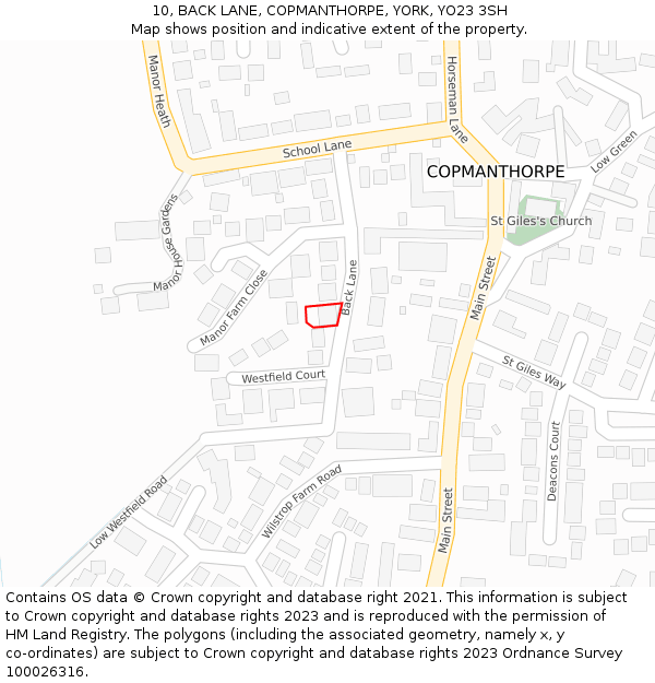 10, BACK LANE, COPMANTHORPE, YORK, YO23 3SH: Location map and indicative extent of plot