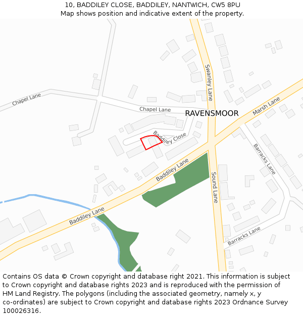 10, BADDILEY CLOSE, BADDILEY, NANTWICH, CW5 8PU: Location map and indicative extent of plot