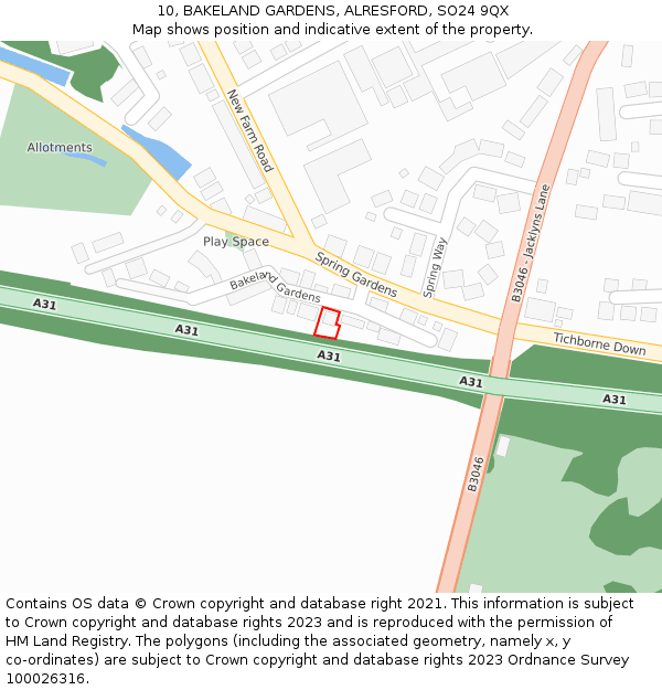 10, BAKELAND GARDENS, ALRESFORD, SO24 9QX: Location map and indicative extent of plot