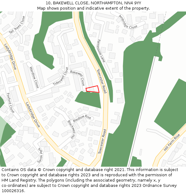 10, BAKEWELL CLOSE, NORTHAMPTON, NN4 9YY: Location map and indicative extent of plot