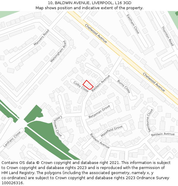 10, BALDWIN AVENUE, LIVERPOOL, L16 3GD: Location map and indicative extent of plot